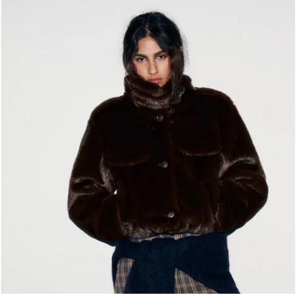NWT Zara Cropped Faux Fur Jacket in Dark Brown - Picture 3 of 11